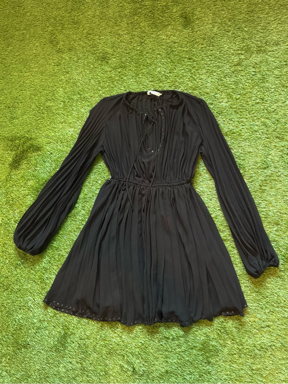 Zara Black Pleated Lace Up Long Sleeve Mini Dress XS - Picture 4 of 4